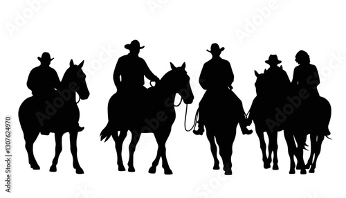 Silhouettes of cowboys riding horses at sunset