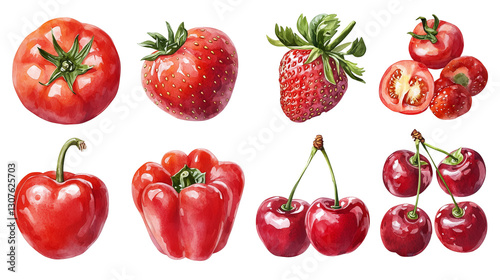 Minimalist Red Vegetable and Fruit Set. Red Fruits and Vegetables Watercolor Collection . Hand-Painted Red Fruits and Vegetables Illustration  Artistic Red Fruits and Vegetables Set. Isolated on white