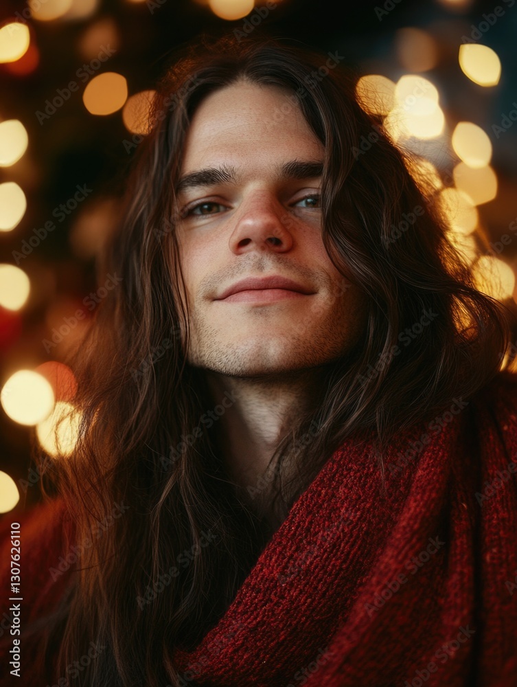 Man with long hair in red sweater Man with long hair in red sweater