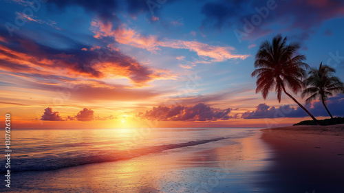 Breathtaking sunset over tranquil beach with palm trees