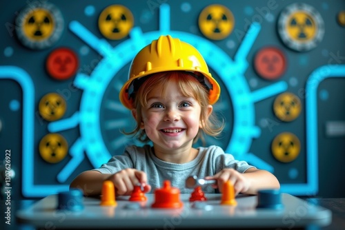 Little girl is wearing hard hat and playing with legos