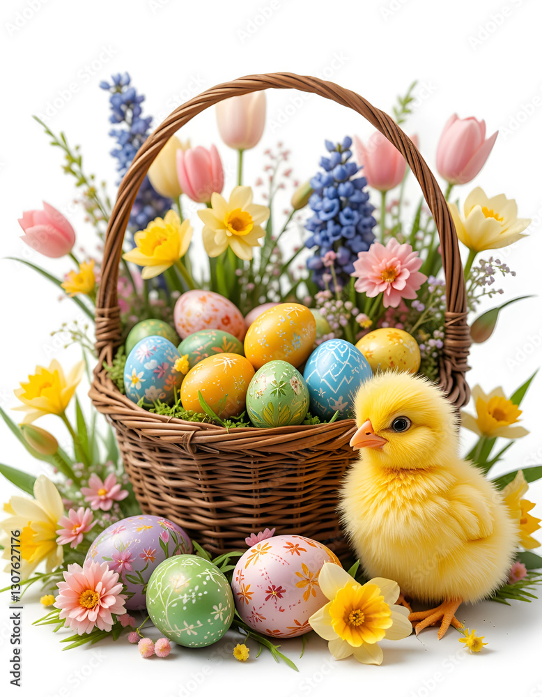 A festive Easter scene with a wicker basket full of decorated eggs in pastel colors and a fluffy yellow chicken next to it. Bright spring flowers on a white background A festive Easter scene with a wicker basket full of decorated eggs in pastel colors and a fluffy yellow chicken next to it. Bright spring flowers on a white background