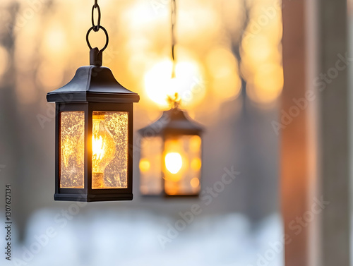 Illuminated lanterns hanging on porch at sunset, snowy winter background; perfect for home decor websites or holiday greeting cards