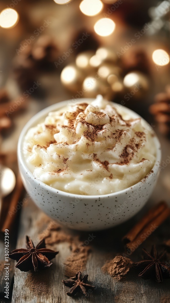 Creamy dessert topped with cinnamon and surrounded by festive decorations during winter holiday season Creamy dessert topped with cinnamon and surrounded by festive decorations during winter holiday season