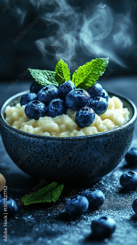 Creamy rice pudding topped with fresh blueberries and mint on a dark surface Creamy rice pudding topped with fresh blueberries and mint on a dark surface