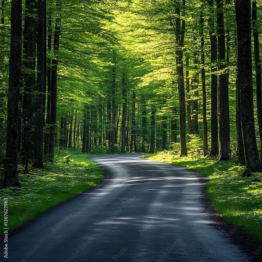 Fototapeta premium Road Winds Through Sunny Green Forest