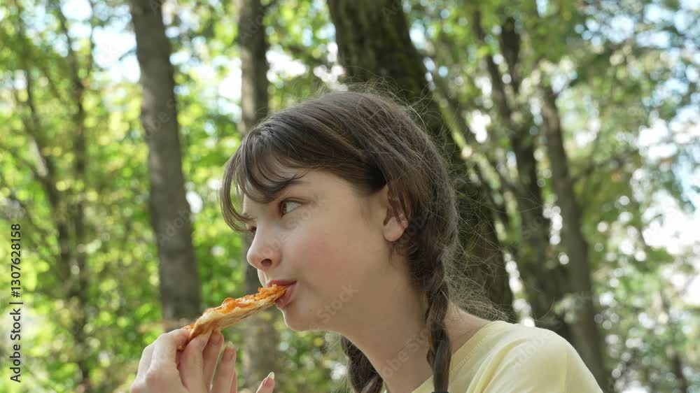A teenage girl with pigtails in a yellow t-shirt takes a bite of pizza and chews thoughtfully in a city park on a sunny summer day. Left-side shot, close-up A teenage girl with pigtails in a yellow t-shirt takes a bite of pizza and chews thoughtfully in a city park on a sunny summer day. Left-side shot, close-up