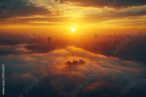 Majestic Sunrise Over Cityscape with Silhouetted Construction in Fog