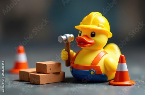 A yellow duck is holding a hammer and standing in front of a pile of bricks
