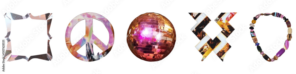 Retro shapes and objects including disco ball and peace sign, vintage element set isolated on transparent background Retro shapes and objects including disco ball and peace sign, vintage element set isolated on transparent background