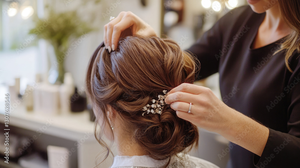 Caucasian female adult with elegant updo hairstyle featuring pearl hairpin in salon setting Caucasian female adult with elegant updo hairstyle featuring pearl hairpin in salon setting