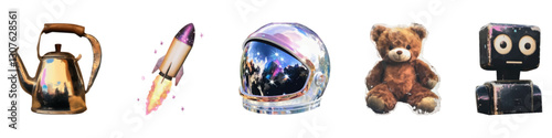 Eclectic mix of teapot, rocket, helmet, teddy bear, and robot vintage element set isolated on transparent background