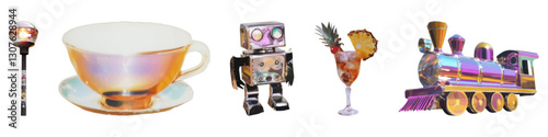 Vintage elements of robot, train, and drink set isolated on transparent background