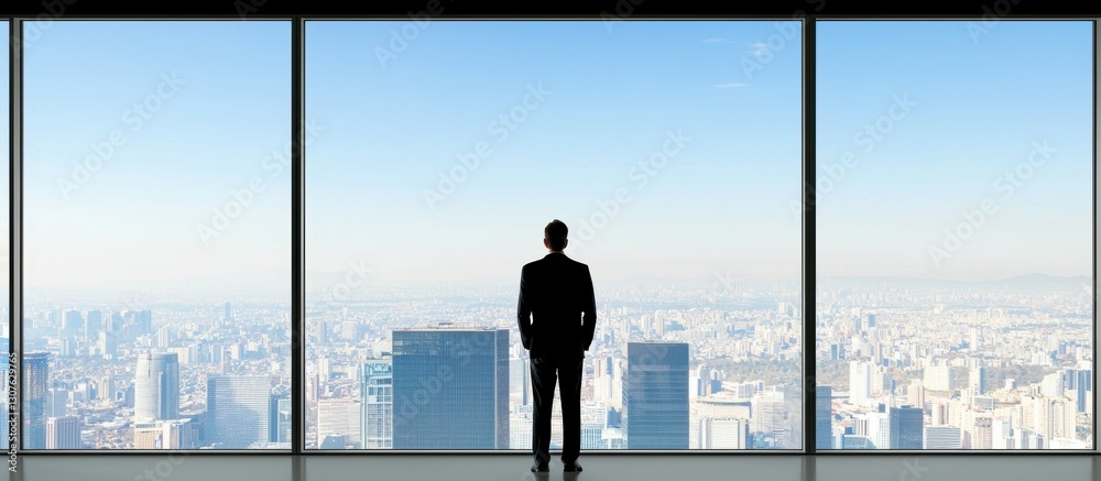 Businessman in a suit counting cash in a modern office, with city views stretching out behind large glass windows, evoking wealth and urban sophistication Businessman in a suit counting cash in a modern office, with city views stretching out behind large glass windows, evoking wealth and urban sophistication