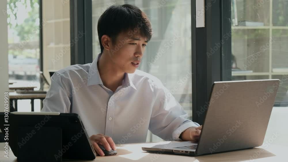 A focused business consultant working on a laptop, analyzing financial data and investment reports. His concentrated expression suggests strategic planning, accounting, or market research. A focused business consultant working on a laptop, analyzing financial data and investment reports. His concentrated expression suggests strategic planning, accounting, or market research.