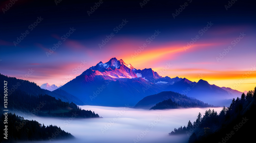 Majestic Mist-Covered Mountains at Sunset Majestic Mist-Covered Mountains at Sunset