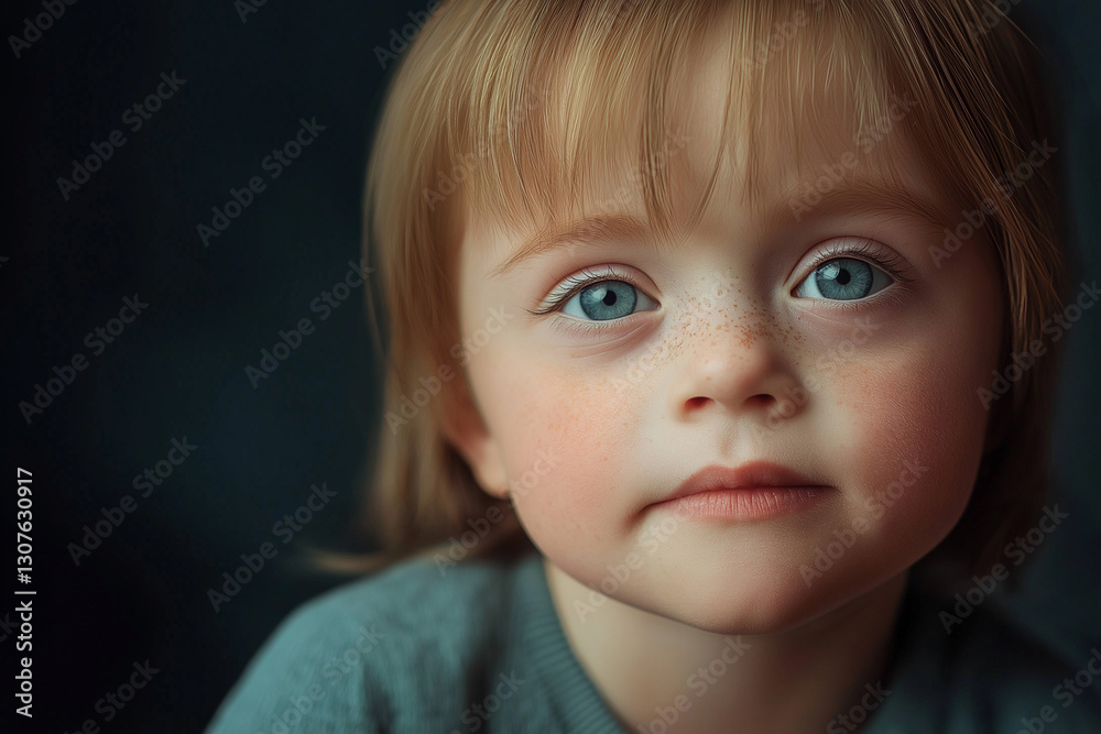Pensive Child with Blue Eyes, Blonde Hair, Dark Background, Thoughtful Expression, Quiet Childhood Concept, Subtle Emotional Depth, Serene Portrait Pensive Child with Blue Eyes, Blonde Hair, Dark Background, Thoughtful Expression, Quiet Childhood Concept, Subtle Emotional Depth, Serene Portrait
