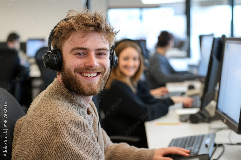 Friendly team smiling at the camera, in a customer support office with a warm tone, surrounded by workstations and a collaborative, service-minded spirit Friendly team smiling at the camera, in a customer support office with a warm tone, surrounded by workstations and a collaborative, service-minded spirit