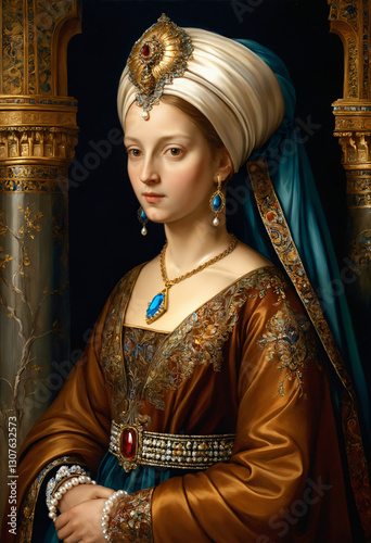 Renaissance-style painting portrait of a princess in Ottoman clothing, Generative AI	
