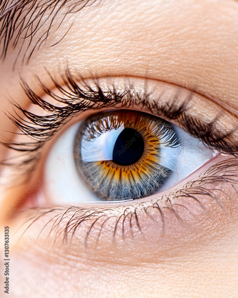 Fototapeta premium Close-up of a hazel eye, reflecting light; beauty, ophthalmology, or medical use