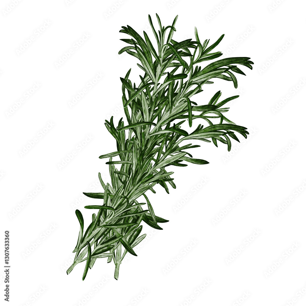 Fototapeta premium Rosemary, green aromatic plant. Bunch of useful herbs. Watercolor illustration isolated from background. Spice and seasoning for meat. Hand drawing. Spring bouquet