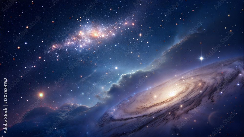 Fototapeta premium Spiral galaxy in deep space with glowing stars and nebulae