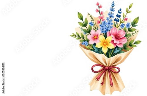 Bouquet of spring colorful flowers with ribbon on white background. Copy space. Spring card.