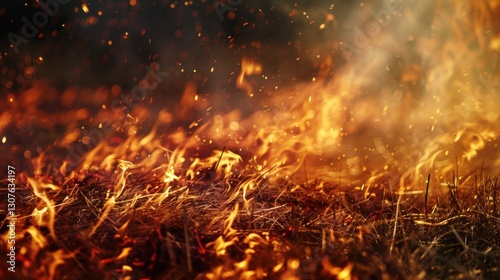 Fire rapidly spreading across dry grass in a wildfire event during warm weather conditions