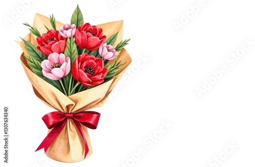 Bouquet of red and pink flowers wrapped in paper on white background. Copy space.