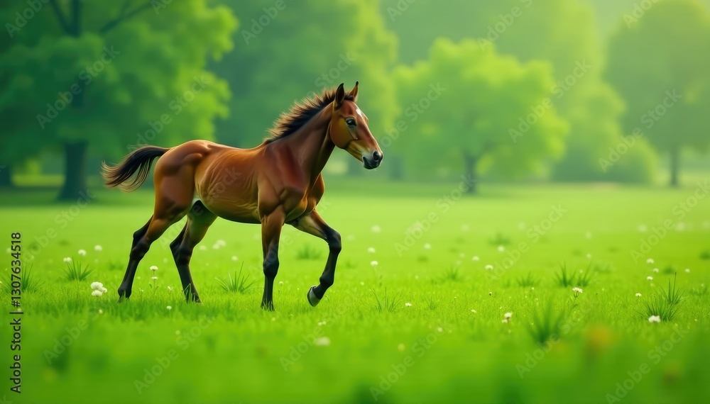 Foal frolics in the misty green meadow beside its mother, nature, green, mist Foal frolics in the misty green meadow beside its mother, nature, green, mist