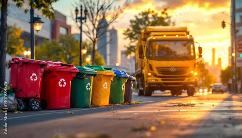 Garbage truck at sunset, colorful recycling bins, urban street scene