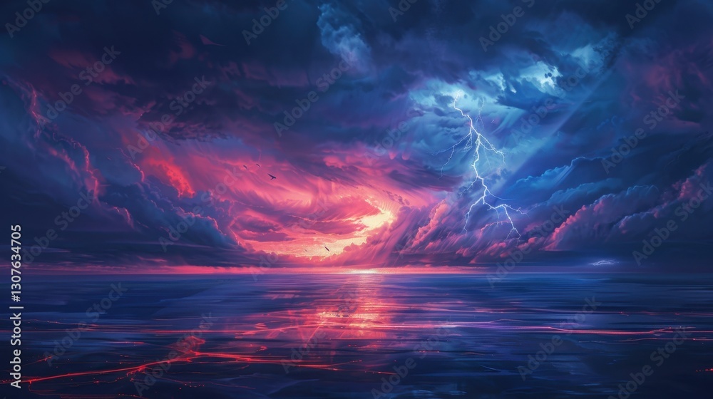 Thunderstorm creates an abstract scene of power. Lightning strikes, illuminating the dark clouds. Thunderstorm creates an abstract scene of power. Lightning strikes, illuminating the dark clouds.