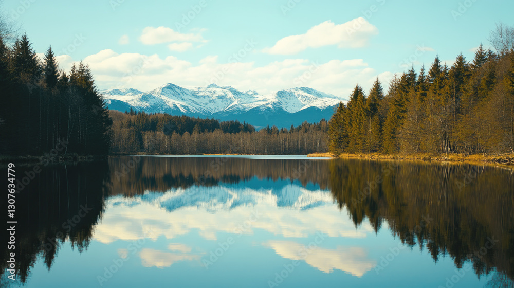 Fototapeta premium Serene lake with forest and snowy mountains under blue sky reflection
