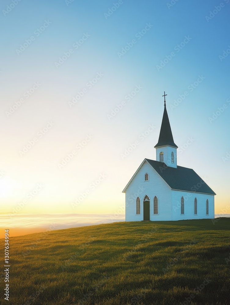 Fototapeta premium White Church on Grassy Hill