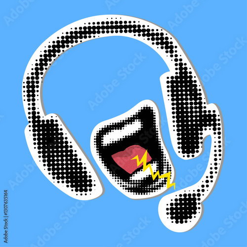 Fashionable music collage element. Vintage halftone headphones with a microphone into which the mouth screams. Sound spectrogram in doodle style. Modern retro grunge vector illustration on isolated ba