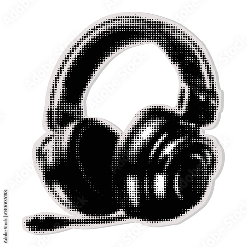 Headphones, halftone collage sticker. Fashionable music collage element. Modern retro grunge vector illustration with dots texture. Dotted photocopy on isolated background