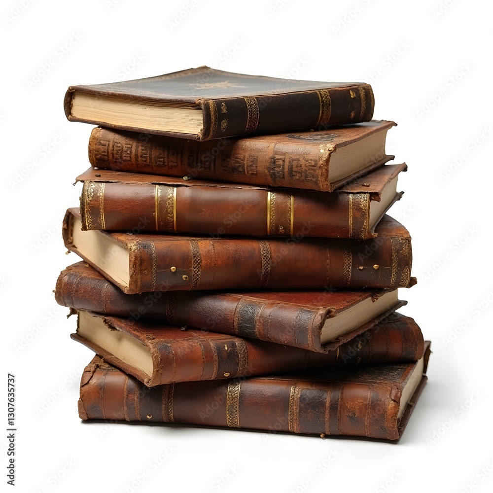 Stack of Antique Leather-Bound Books with Gilded Details and Weathered Spines Stack of Antique Leather-Bound Books with Gilded Details and Weathered Spines