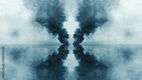 Symmetrical smoke plumes reflected over tranquil water surface