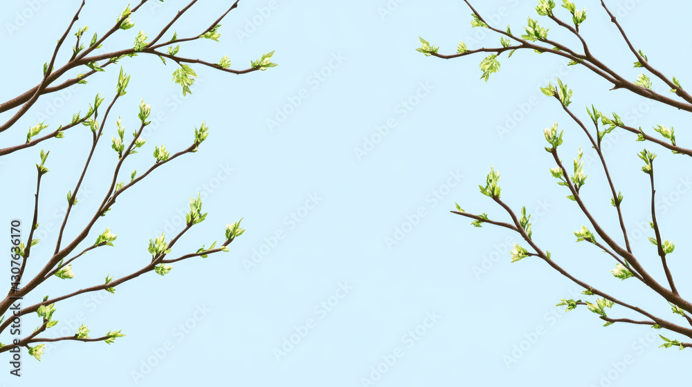 Spring branches with budding leaves on light blue background Spring branches with budding leaves on light blue background