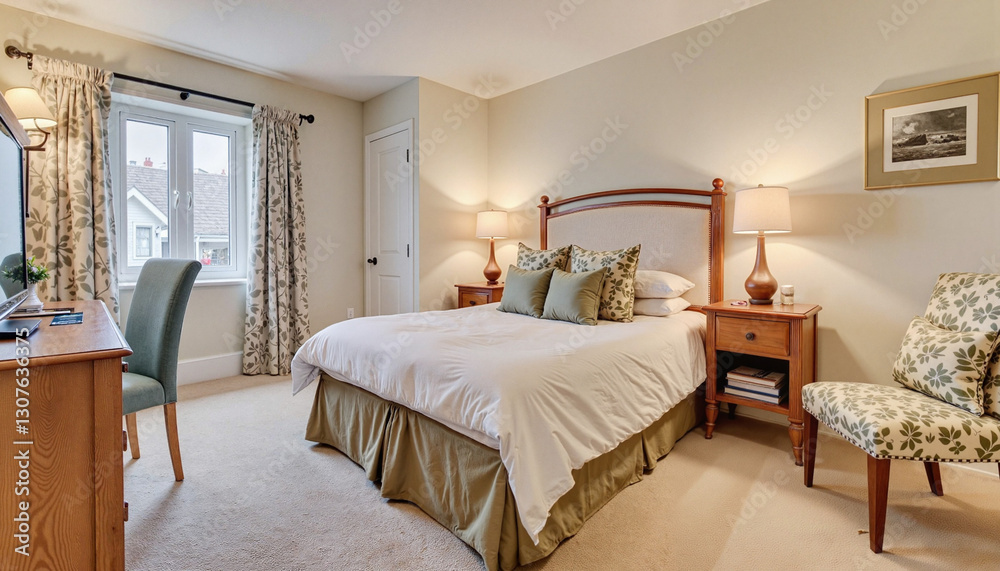 Cozy bedroom with wooden furniture and natural light Cozy bedroom with wooden furniture and natural light