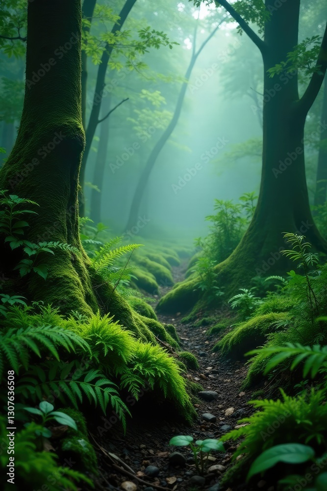 Fototapeta premium Foggy forest floor with mossy ferns and vines, green, mossy, mysterious