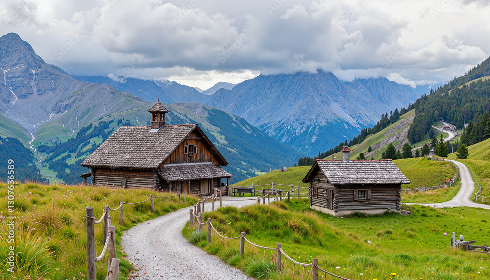 Obraz premium Rustic wooden houses in mountainous landscape