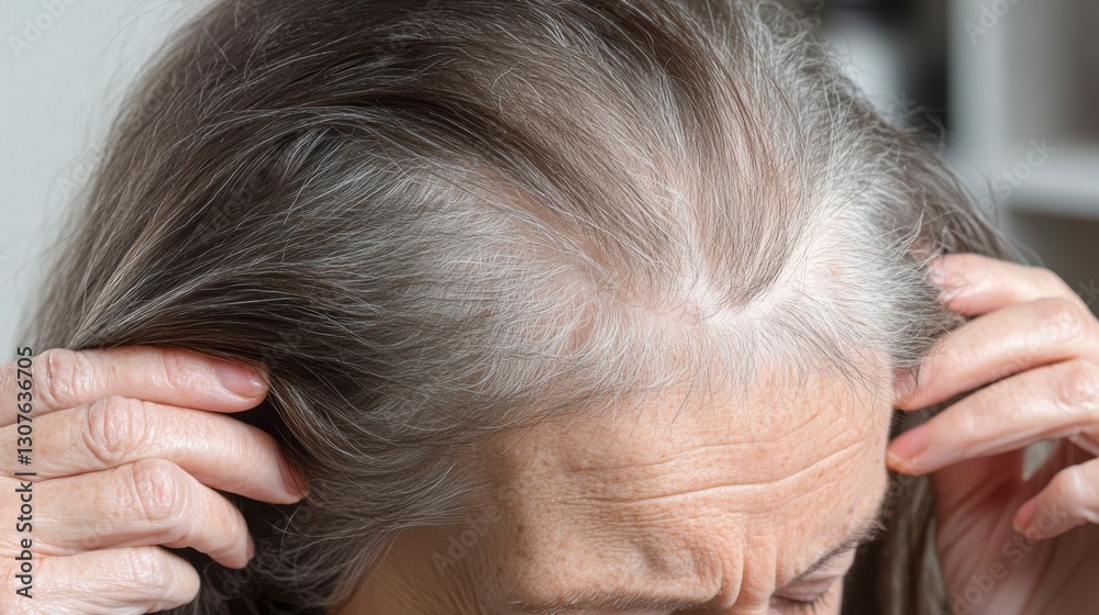 Fototapeta premium A senior woman examining her thinning hair