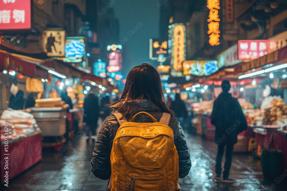 Obraz premium A traveler wandering through a bustling night market, absorbing the atmosphere