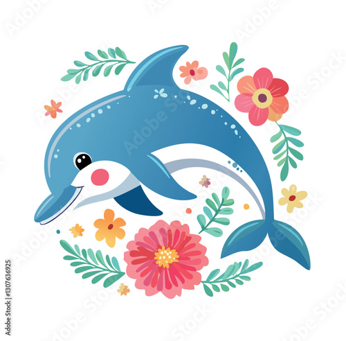 simple folk art illustration of a cute dolphin on a white background 