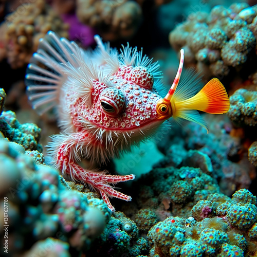 Hairy frogfish luring prey with fish-like appendage, coral reef: A hairy frogfish blends into the coral reef, using its fish-like appendage to lure unsuspecting prey close enough for a sudden photo