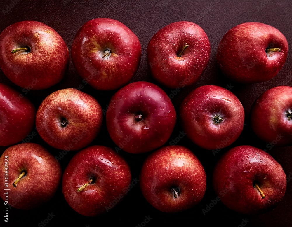 Fotografía profesional, de varias manzanas rojas, realizando un fondo de pantalla de un patron de manzanas perfectamente alineadas, realista, 4k