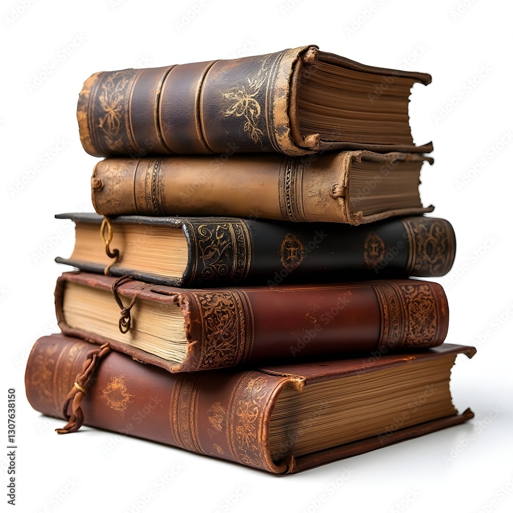 Stack of Antique Leather-Bound Books with Gilded Details and Weathered Spines Stack of Antique Leather-Bound Books with Gilded Details and Weathered Spines