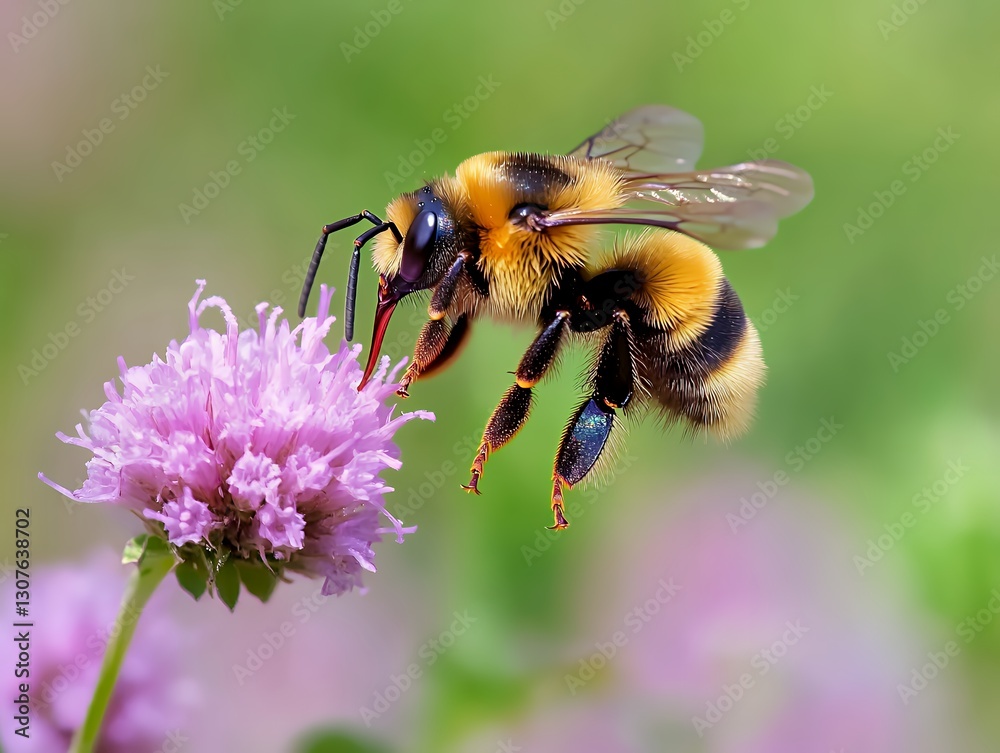 A bee fly hovering low to the ground with proboscis extended A bee fly hovering low to the ground with proboscis extended