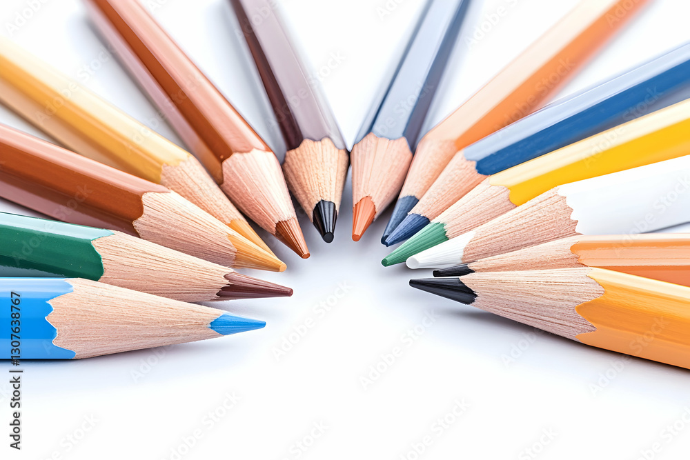 Colorful pencils arranged in a circle on white background; ideal for art supplies advertising Colorful pencils arranged in a circle on white background; ideal for art supplies advertising